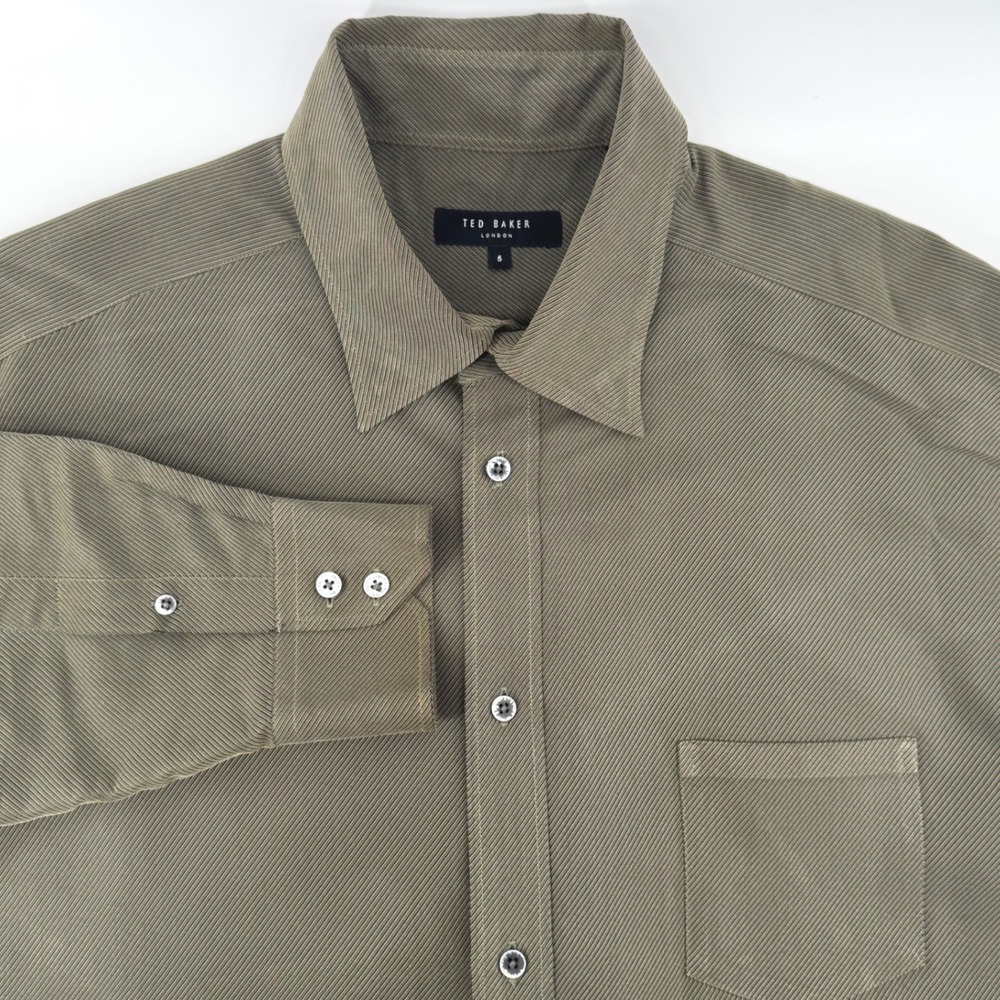 Ted Baker London Mens Olive Green Ribbed Button Down Shirt Size 5 XL Long Sleeve